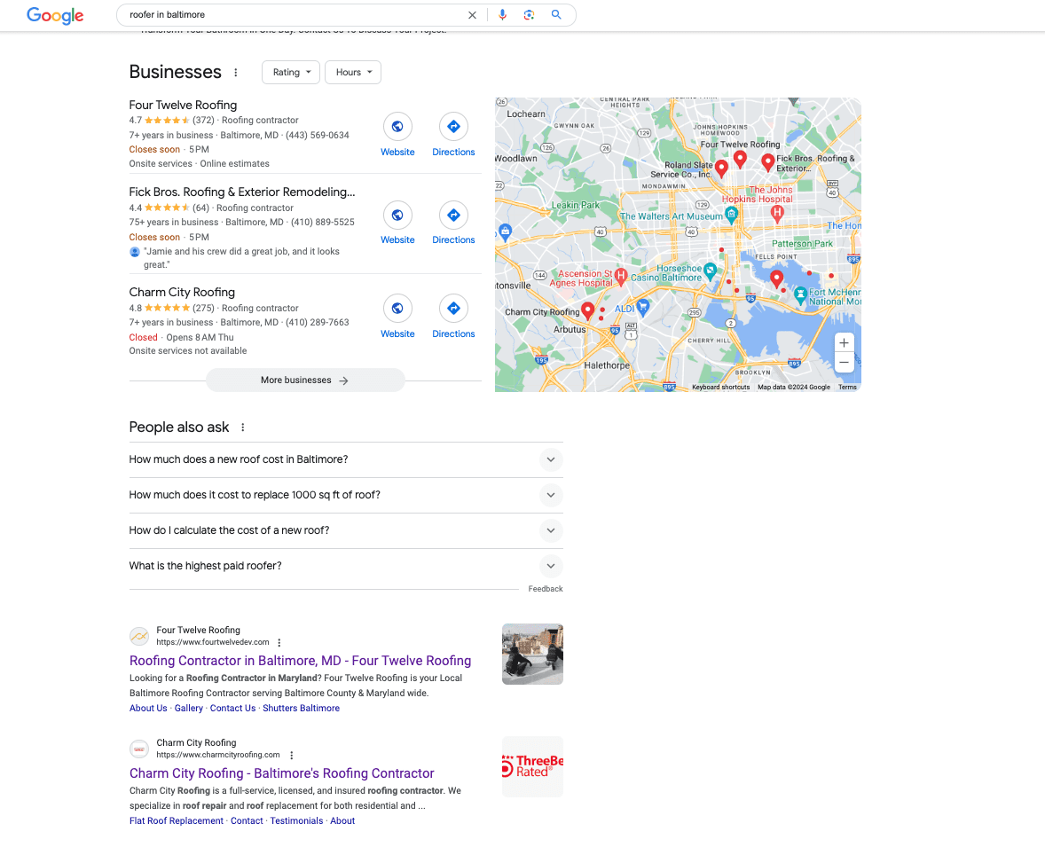 Example of a Google Search Result for roofers near me