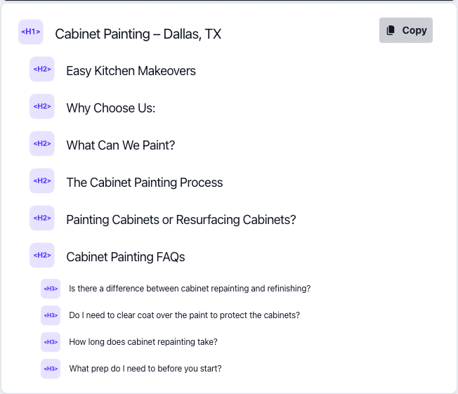 On-page SEO heading structure for the Platinum Painting Dallas cabinet painting page showing H1 H2 and H3 keyword placement