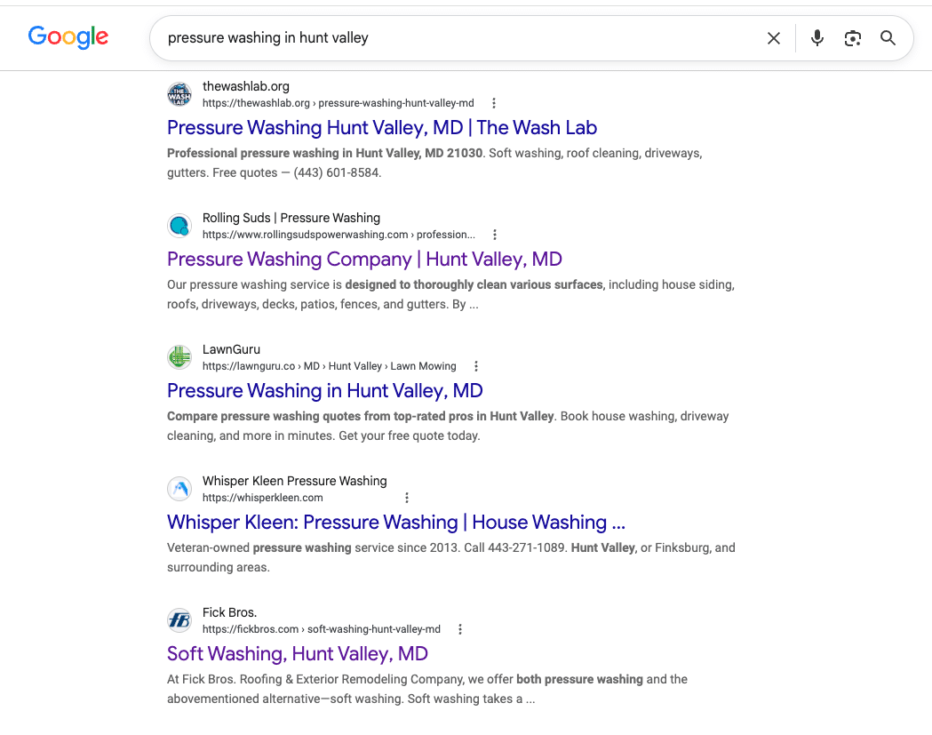 Organic Search Results for Pressure Washing Companies Using On-Page SEO and Off-Page SEO