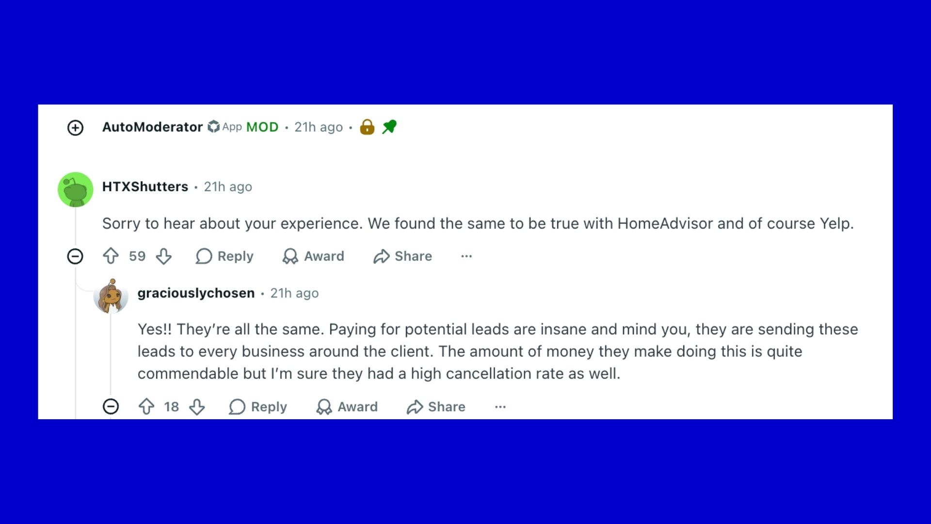 Reddit replies from contractors reporting the same results with HomeAdvisor and Yelp, noting leads get sent to every business around the client