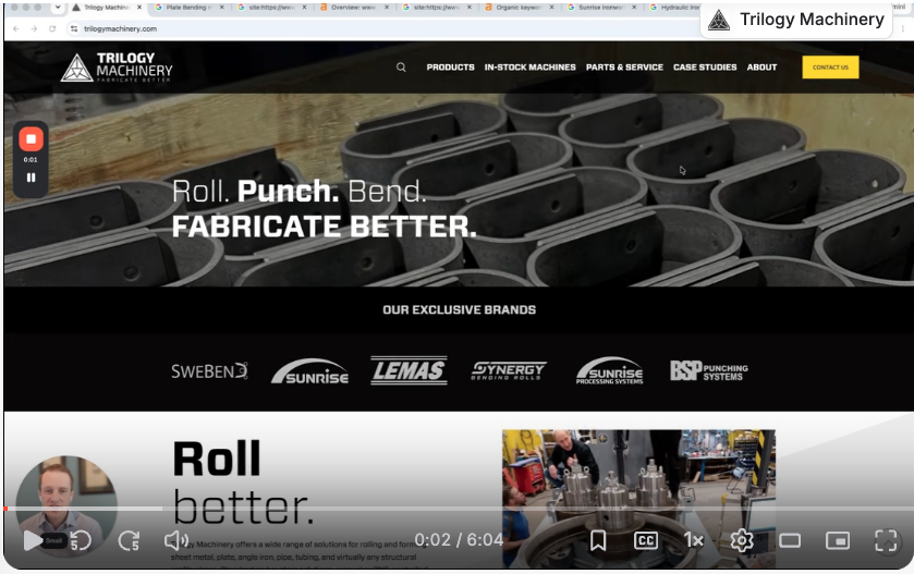 Screen recording of a MarketKeep free SEO evaluation walking through the Trilogy Machinery website homepage